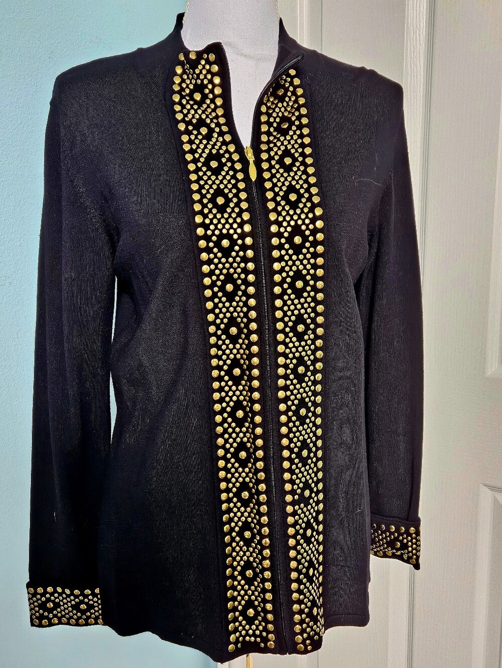 Black Studded Zip-Front Women’s Sweater Jacket